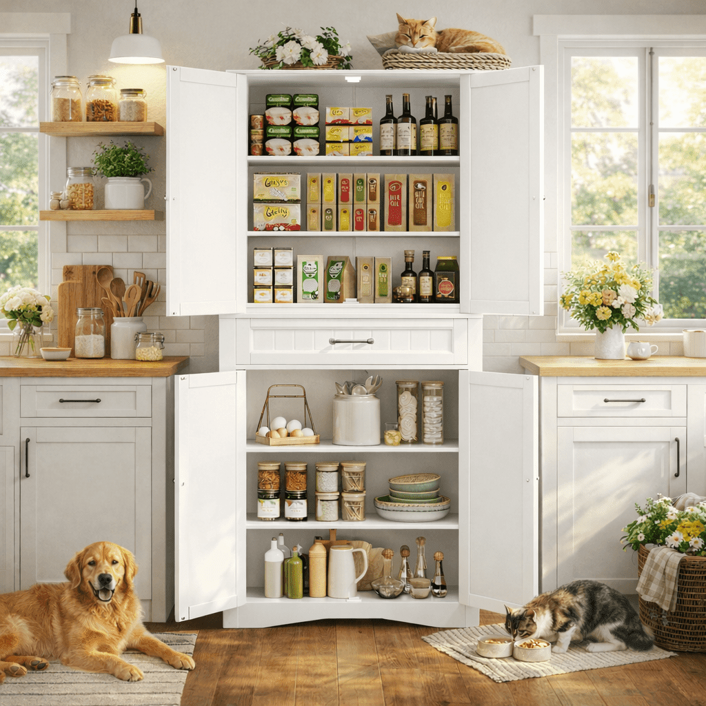 71" Tall Freestanding Storage Cabinet, 4 Doors, Adjustable Shelves and Large Drawer, Multi-Purpose Cabinet for Home White