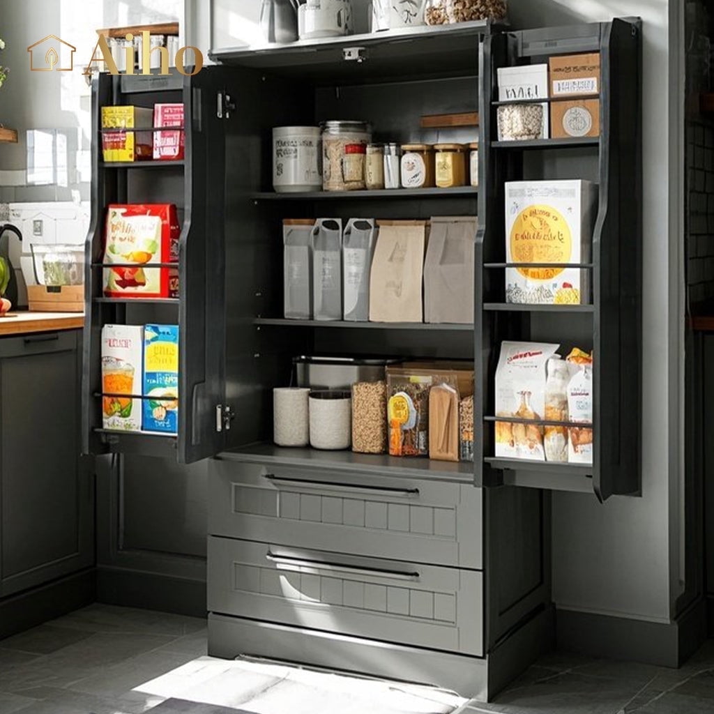 Aiho 63" H Kitchen Pantry Cabinet with 2 Doors and 2 Drawers, Solid & Sturdy, Storage Cabinet for Entryway, Kitchen - Black - Walmart.com