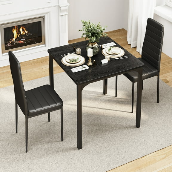 3-Piece Kitchen Table Set for 2, with 2 Upholstered PU Leather Chairs, for Small Space Dining Room & Apartment, Black