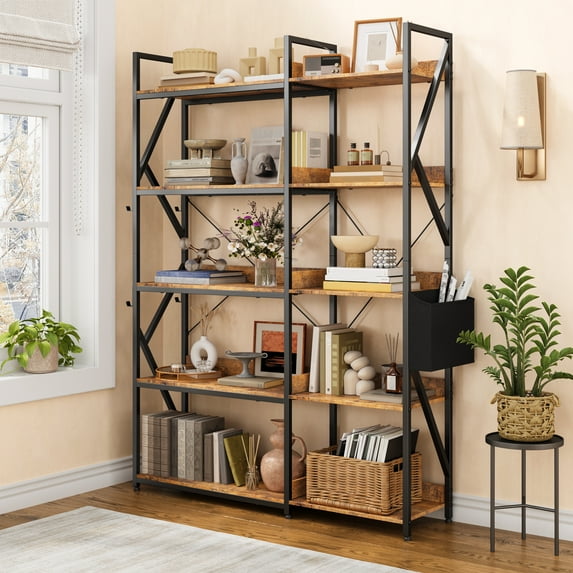 Aiho 65" Reversible Corner Shelf, 5-Tier Industrial Bookcase with Storage Basket, 4 Hooks & Metal Frame, Freestanding Display Shelf for Living Room - Brown