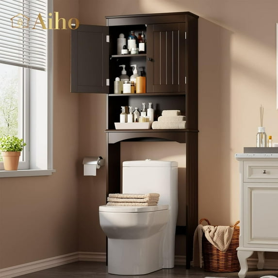 Aiho 66.1" over the Toilet Storage Cabinet with Adjustable Shelf and Open Storage Shelf, Freestanding - Espresso