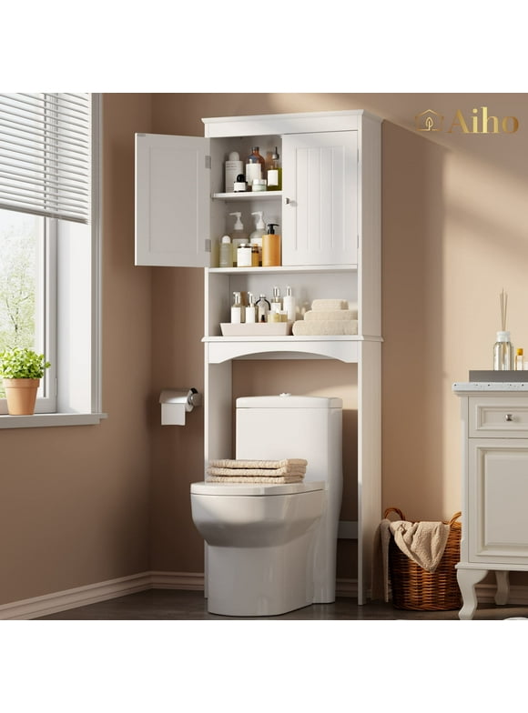Aiho 66.1" over the Toilet Storage Cabinet with Adjustable Shelf and Open Storage Shelf, Freestanding - White