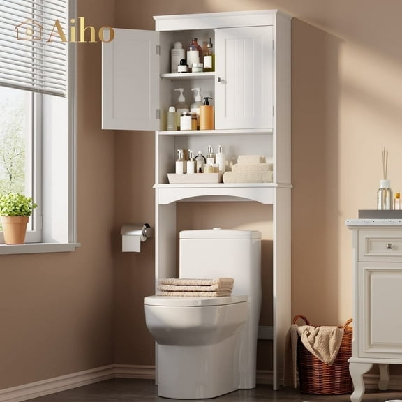 Aiho 66.1" over the Toilet Storage Cabinet with Adjustable Shelf and Open Storage Shelf, Freestanding - White