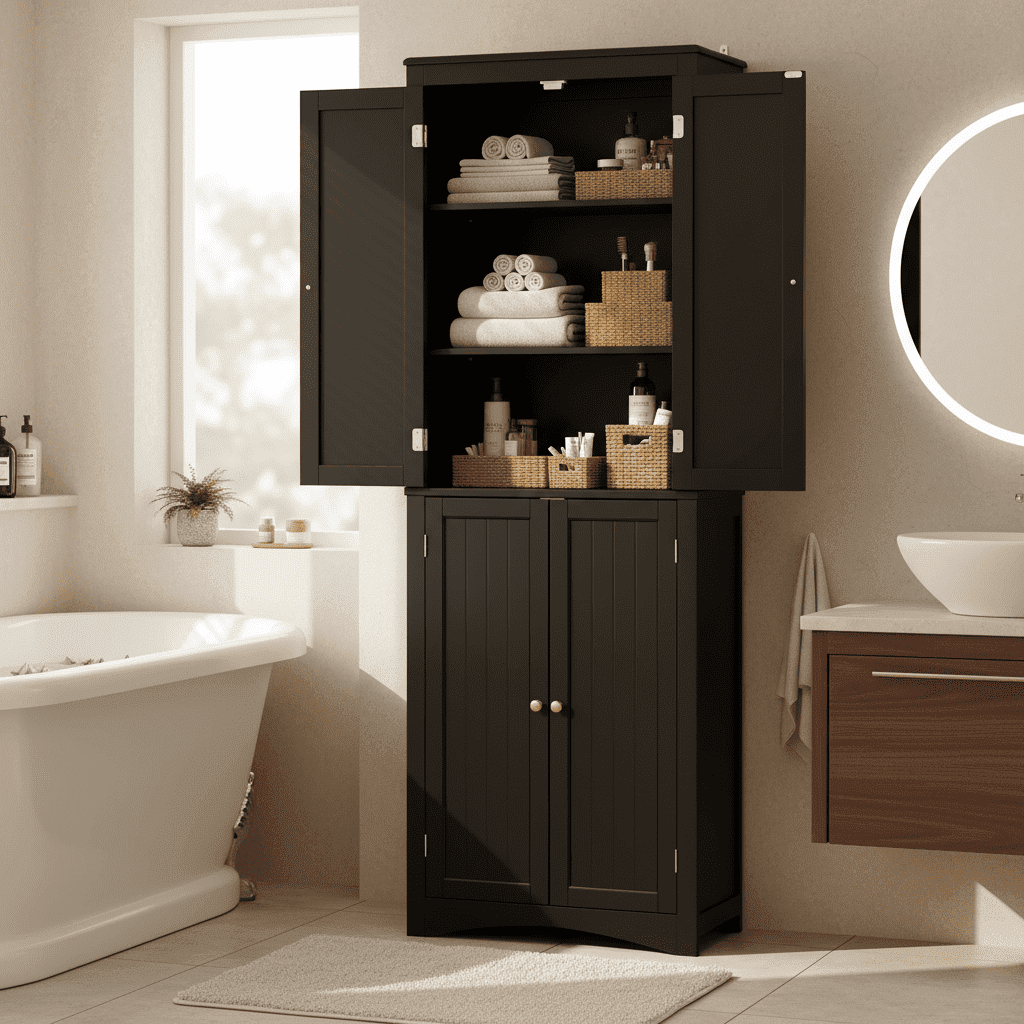 Aiho 66.9" Bathroom Storage Cabinet, Freestanding Wooden Linen Cabinet with 4 Doors & Adjustable Shelves for Bathroom, Kitchen, Black