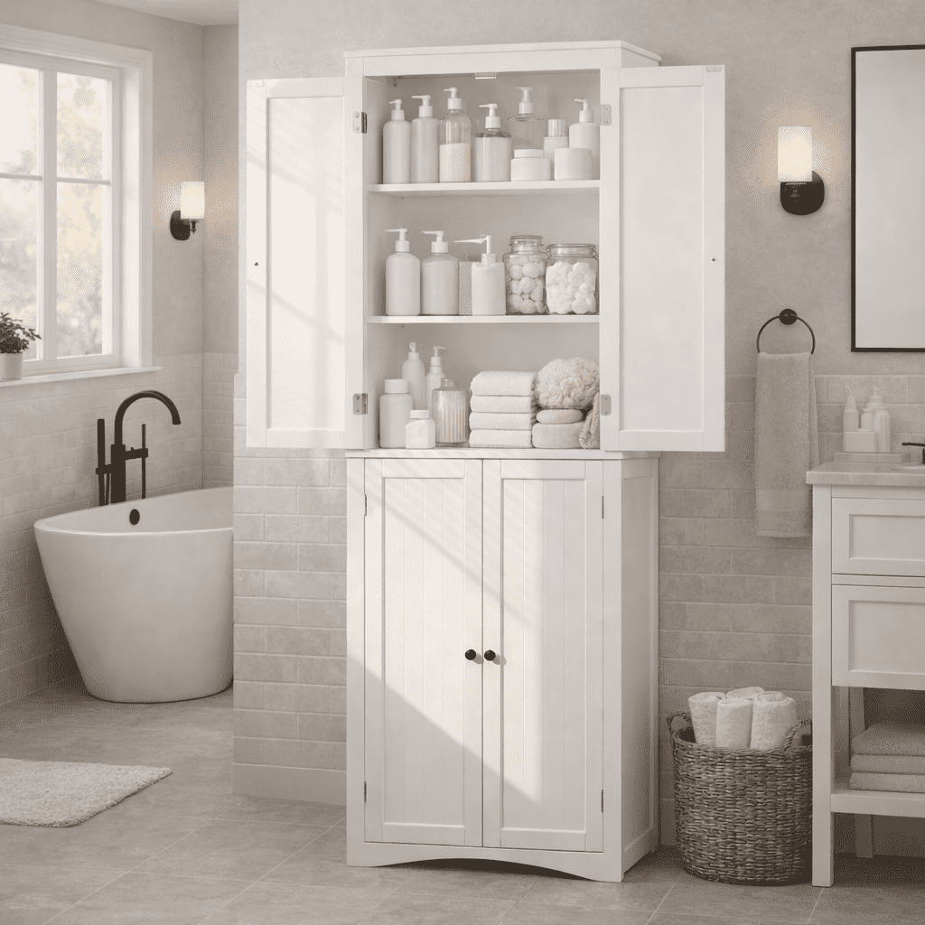 Aiho 66.9" Bathroom Storage Cabinet, Freestanding Wooden Linen Cabinet with 4 Doors & Adjustable Shelves for Bathroom, Kitchen, White