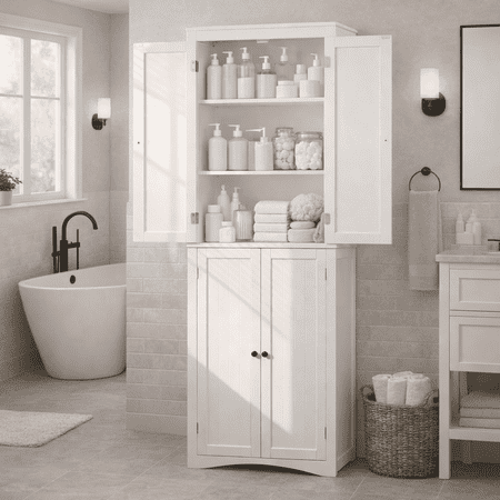 Aiho 66.9" Bathroom Storage Cabinet, Freestanding Wooden Linen Cabinet with 4 Doors & Adjustable Shelves for Bathroom, Kitchen, White