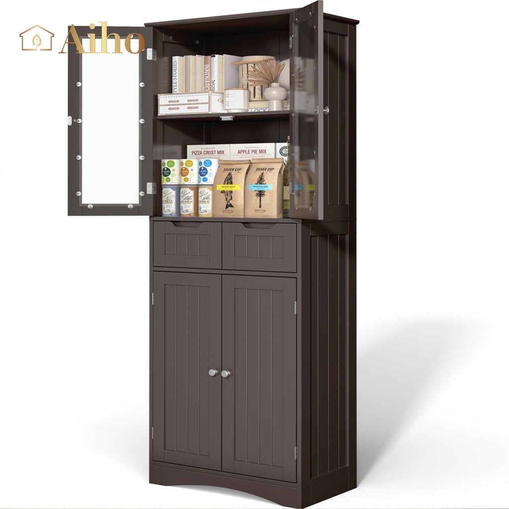 "Aiho 67"" Wood Standing Kitchen Pantry Storage Cabinet, Shelving with 2 Drawers and Glass Doors  Da(图1) "Aiho 67"" Wood Standing Kitchen Pantry Storage Cabinet, Shelving with 2 Drawers and Glass Doors  Da(图1)