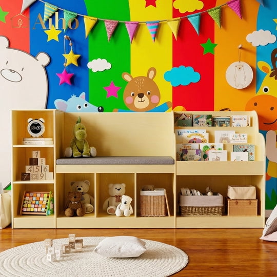 Aiho 66"Kids Bookshelf with Reading Nook , Toy Storage Organizer with 7 Cubes Bookcase & 4-Tier Book Racks & cushion, Toy Storage Organizer for Playroom Bedroom - Retro