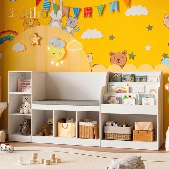 Aiho 66"Kids Bookshelf with Reading Nook , Toy Storage Organizer with 7 Cubes Bookcase & 4-Tier Book Racks & cushion, Toy Storage Organizer for Playroom Bedroom - White
