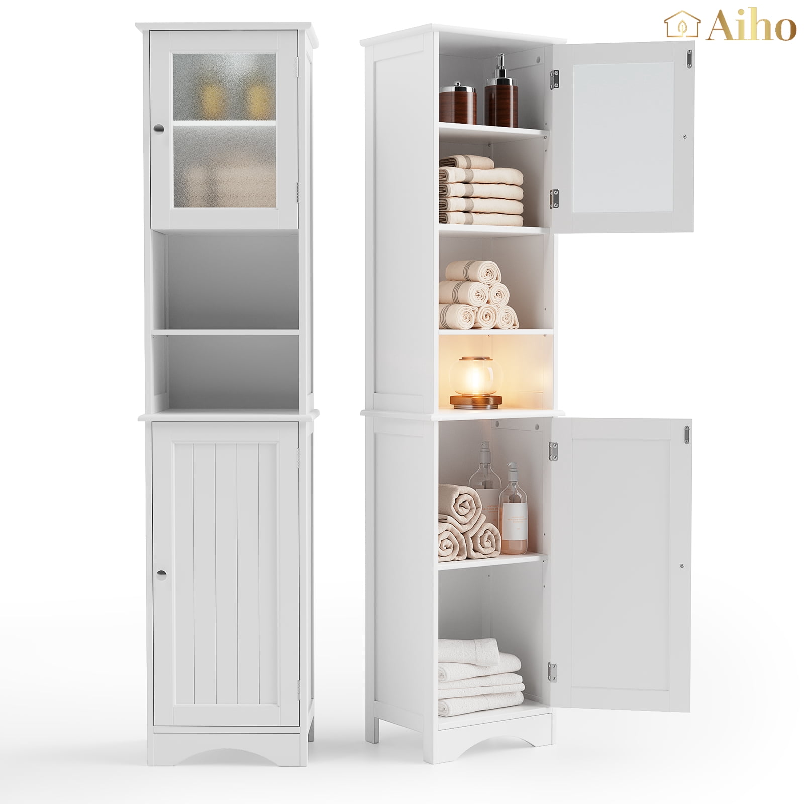 Aiho 67.1 " Bathroom Storage Cabinet with Acrylic Door & Open Shelves, Freestanding Storage ...