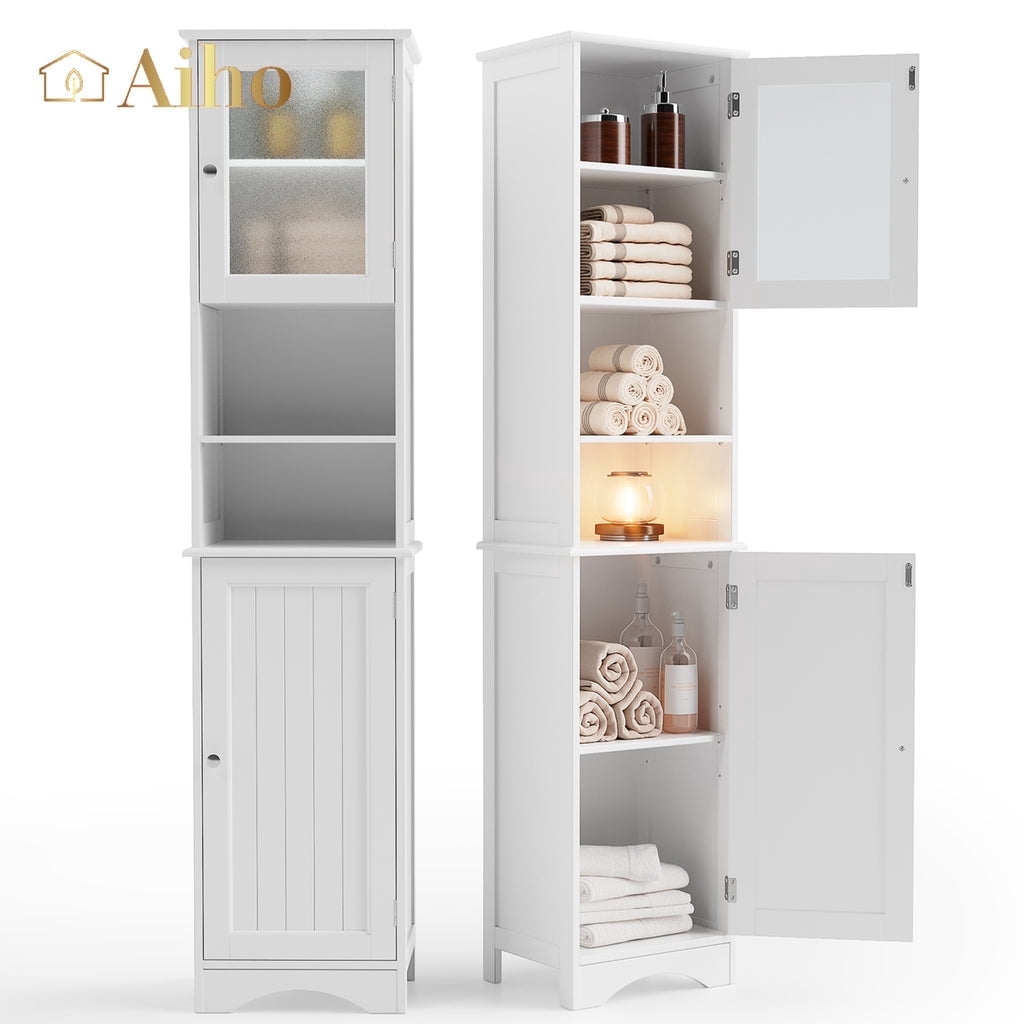 "Aiho Freestanding Tall White Bathroom Storage Cabinet, 67.1"" with Acrylic Doors & Open Shelves ...