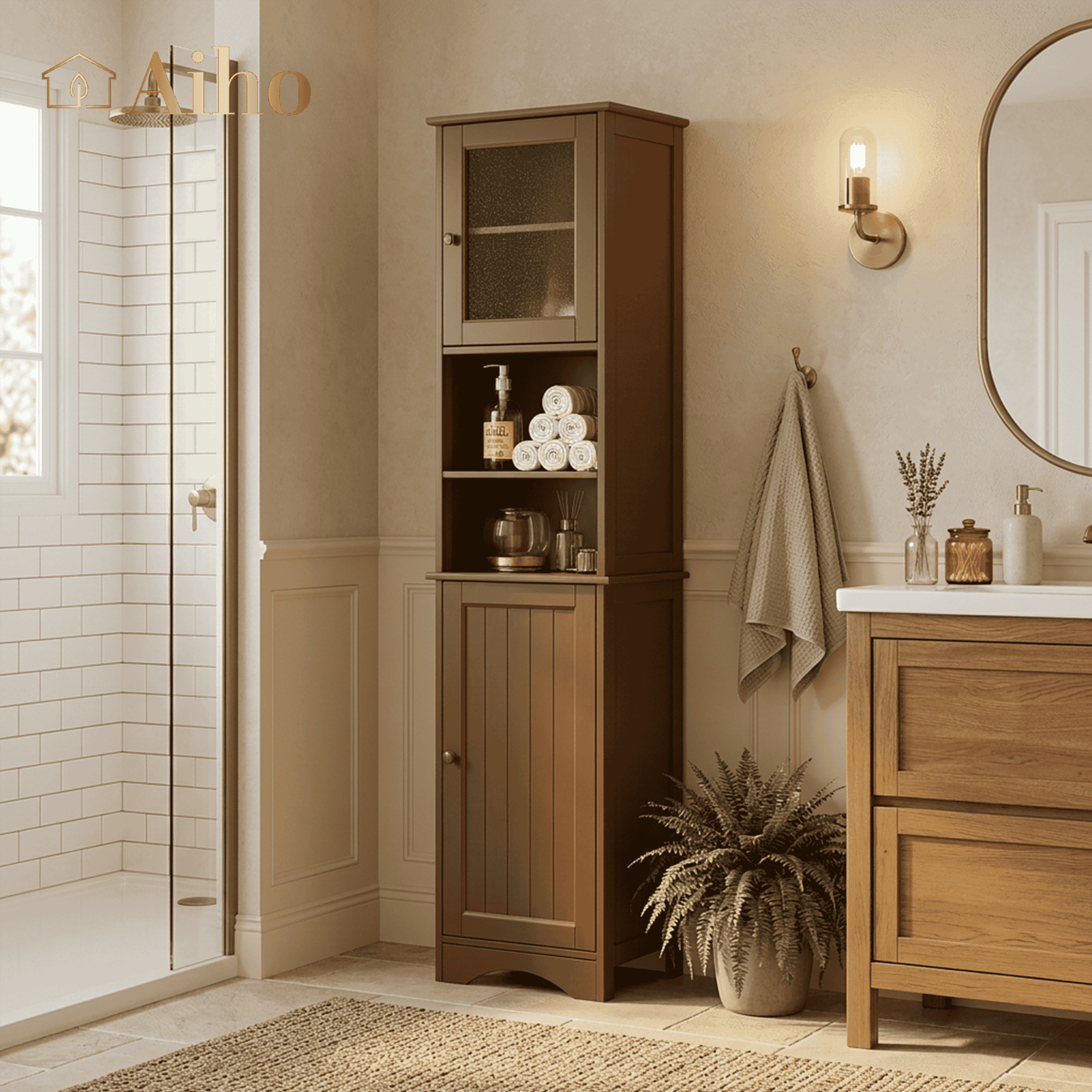 Aiho 67.1" Tall Bathroom Storage Tower, Freestanding Narrow Linen Cabinet with 2 Doors and Adjustable Shelves, Space Saver for Bathroom, Living Room, Dark Brown