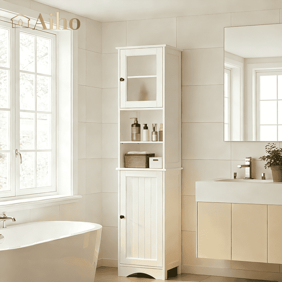 Aiho 67.1" H Bathroom Storage Cabinet, Narrow Tall Linen Tower with Adjustable Shelves & 2 Doors, Freestanding Cabinet for Bathroom, Living Room, White