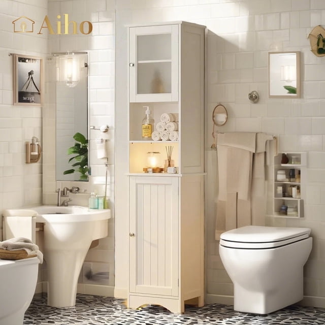 "Aiho Freestanding Tall White Bathroom Storage Cabinet, 67.1"" with Acrylic Doors & Open Shelves ...