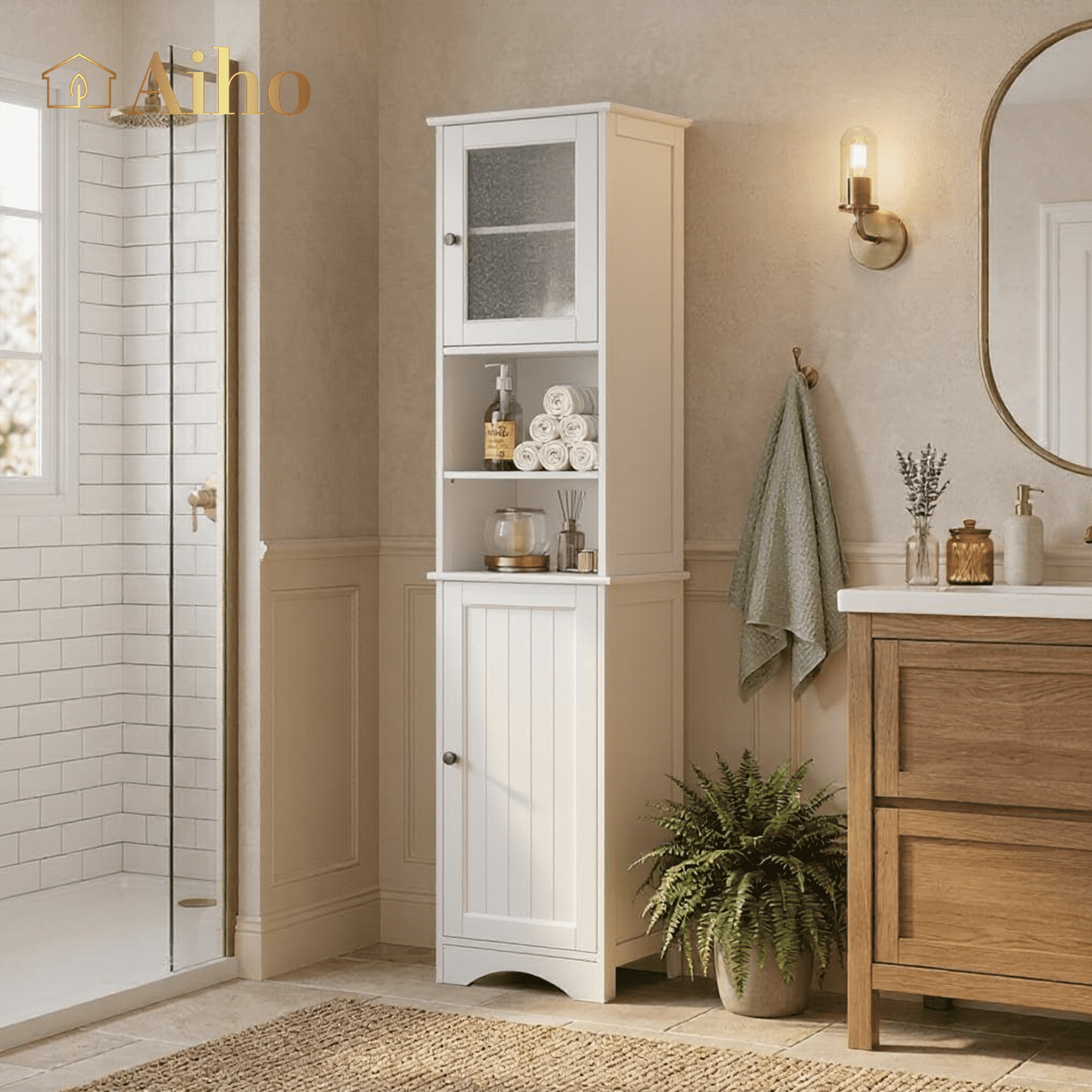 Aiho 67.1" H Bathroom Storage Cabinet, Narrow Tall Linen Tower with Adjustable Shelves & 2 Doors, Freestanding Cabinet for Bathroom, Living Room, White