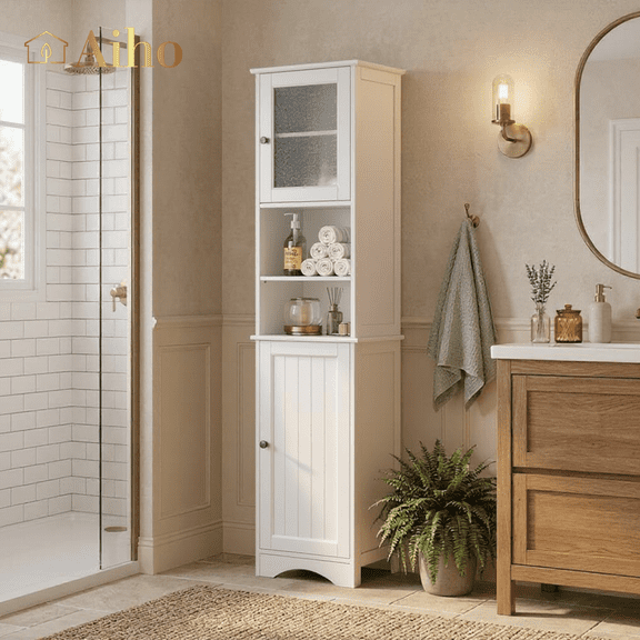 Aiho 67.1" H Bathroom Storage Cabinet, Narrow Tall Linen Tower with Adjustable Shelves & 2 Doors, Freestanding Cabinet for Bathroom, Living Room, White