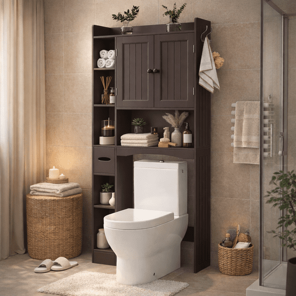 Over the Toilet Storage Cabinet, 66" H Bathroom Organizer Above the Toilet with 2 Doors & Adjustable Shelves, Space Saver for Bathroom, Laundry Rooms, Dark Brown