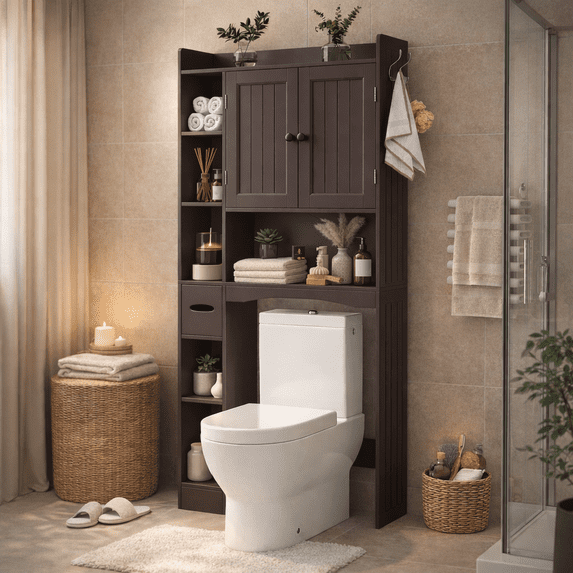 Over the Toilet Storage Cabinet, 66" H Bathroom Organizer Above the Toilet with 2 Doors & Adjustable Shelves, Space Saver for Bathroom, Laundry Rooms, Dark Brown