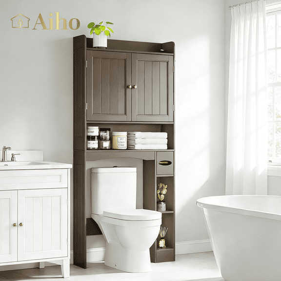 Aiho 70.3" Tall Over the Toilet Storage Cabinet, Bathroom Organizer Above Toilet with Adjustable Shelves & 2 Side Hooks, Space Saver for Bathroom, Laundry, Dark Brown