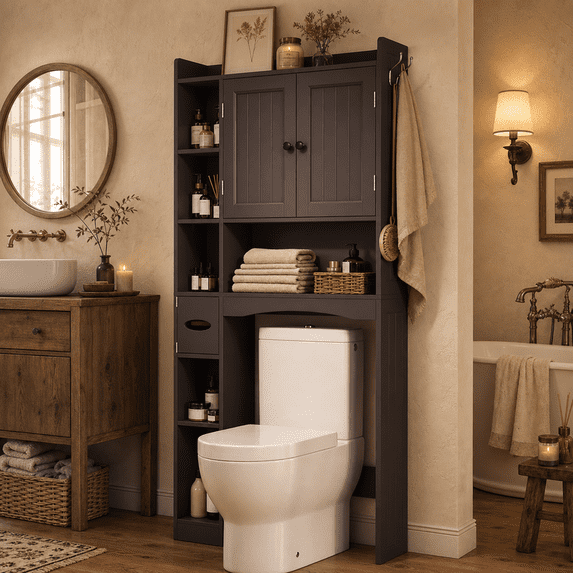 Aiho Tall Over‑the‑Toilet Storage Cabinet, Space‑Efficient Bathroom Organizer with 2 Doors and Adjustable Shelving, Ideal for Bathroom Laundry Room, Dark Brown