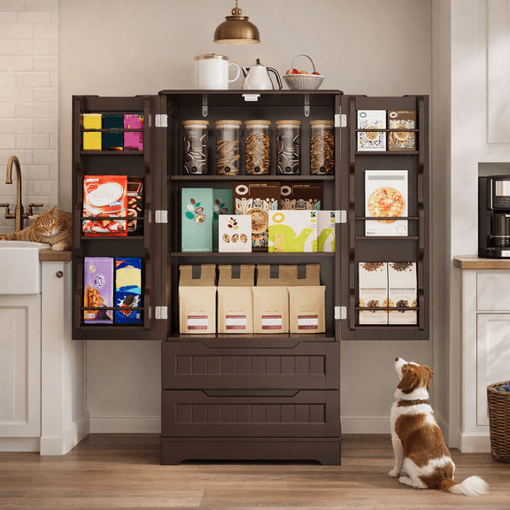 47" Freestanding Kitchen Pantry Cabinet with Drawers & Doors, Multi-Use Storage Cabinet for Bathroom Dining Room Craft Room, Dark Brown