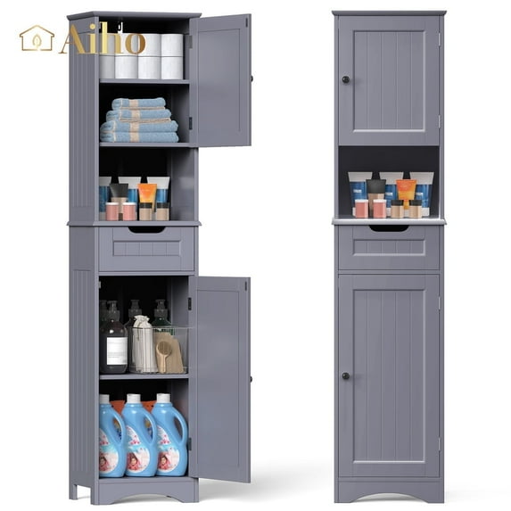 Aiho 67 " Bathroom Storage Cabinet with Adjustable Shelves, Kitchen Pantry with Drawer and Doors for Bathroom, Freestanding - White