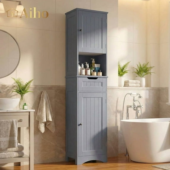 Aiho 67 " Bathroom Storage Cabinet with Adjustable Shelves, Kitchen Pantry with Drawer and Doors for Bathroom, Freestanding - White