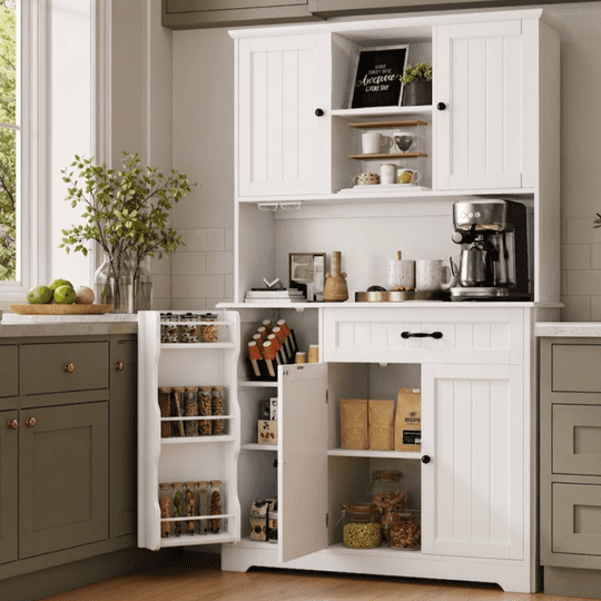 Aiho 67" Kitchen Pantry Storage Cabinet with Doors & Shelves, Modern Buffet Cabinet with Microwave Stand, Tall Hutch Cabinet for Kitchen, Dining Room - White