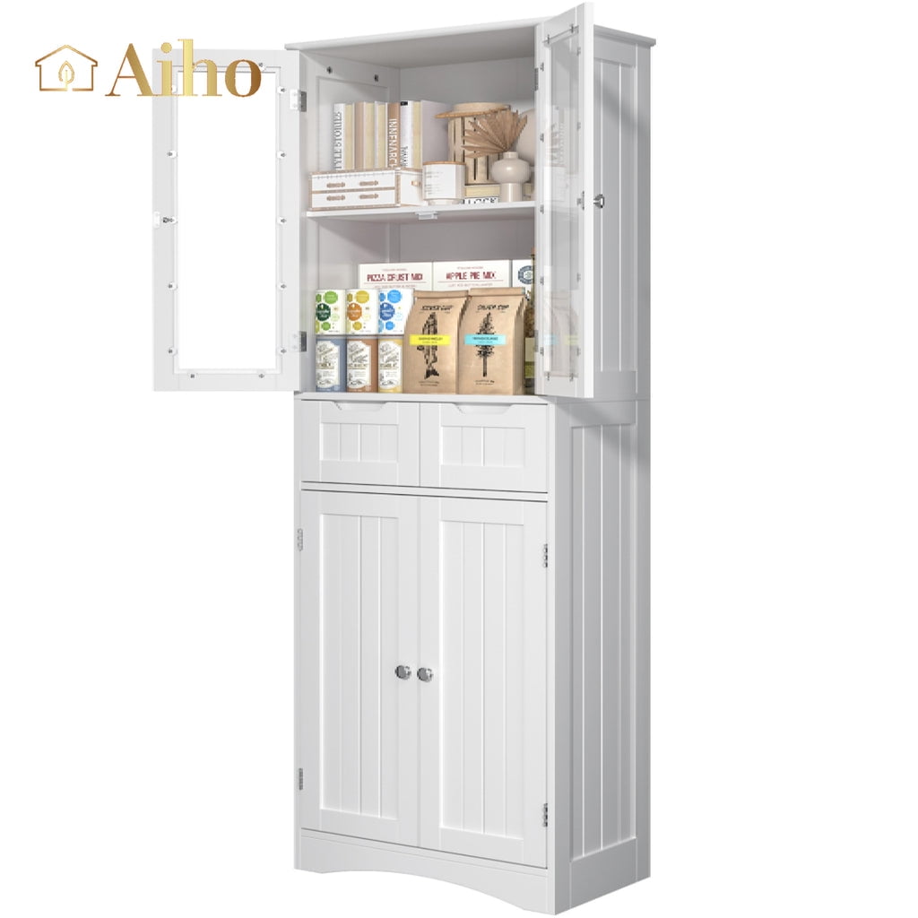 Aiho 67" Kitchen Pantry Storage Cabinet, Pantry Storage Cabinet with 2 Drawers and Glass Doors for K(图1)
