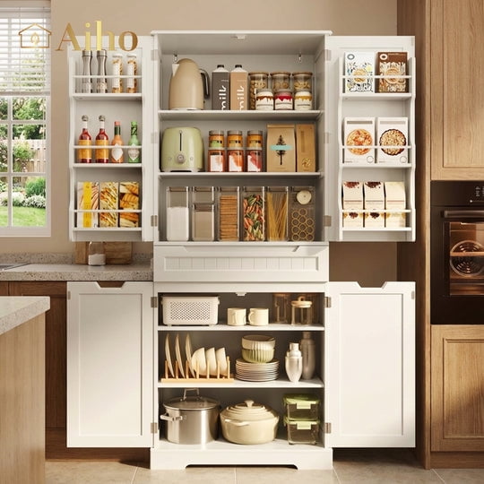 Aiho 71" Kitchen Storage Cabinet with Doors and Shelves, Bathroom Storage Cabinet - White