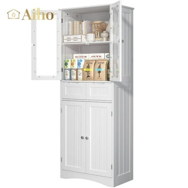 Aiho 67" Kitchen Pantry Storage Cabinet, Pantry Storage Cabinet with 2 Drawers and Glass Doors for Kitchen, Dining Room - White