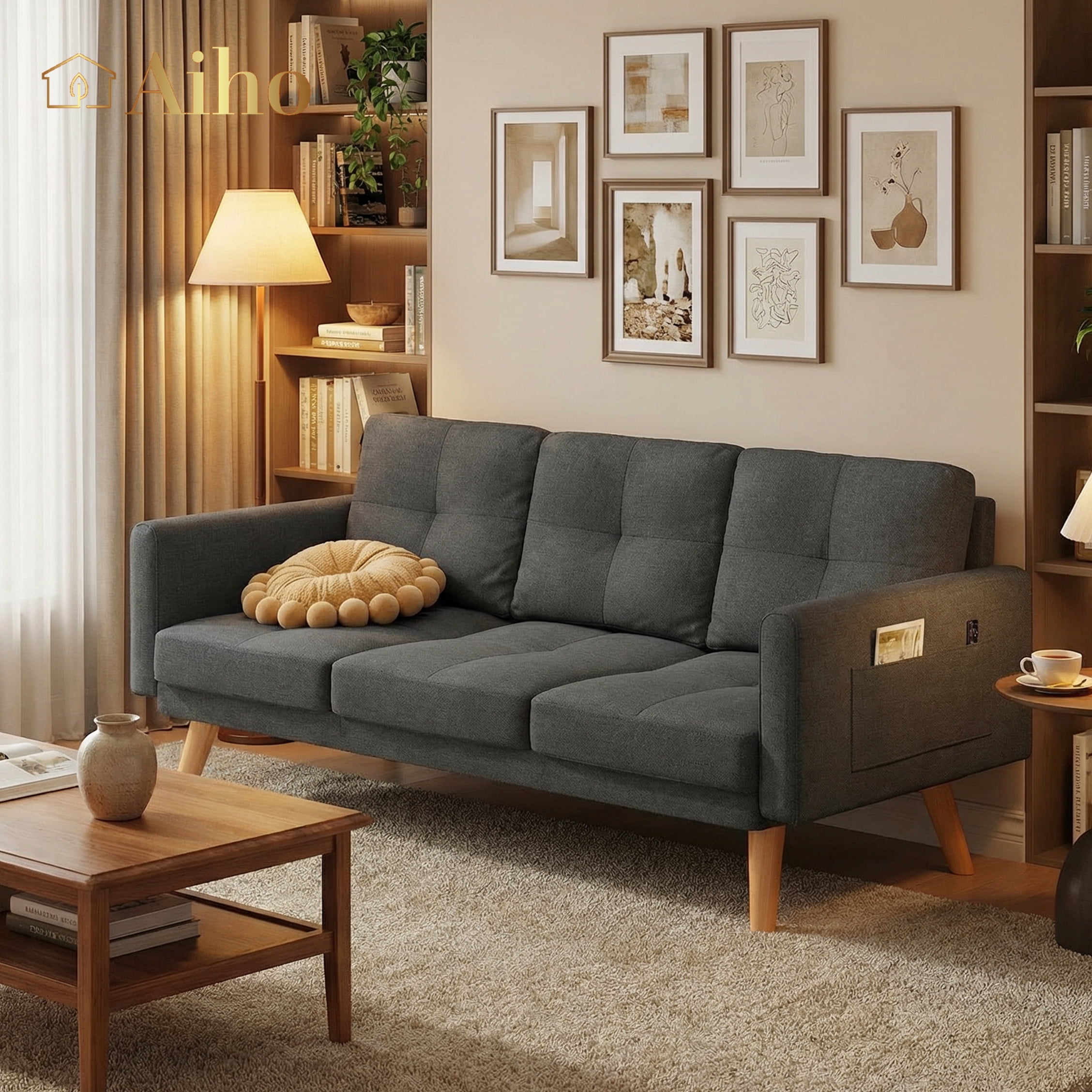 Aiho 67" L Modern Loveseat Sofa, Sofa with 3 Comfortable Pillows for Apartment, Dorm Room, Office, Bedroom - Deep Gray