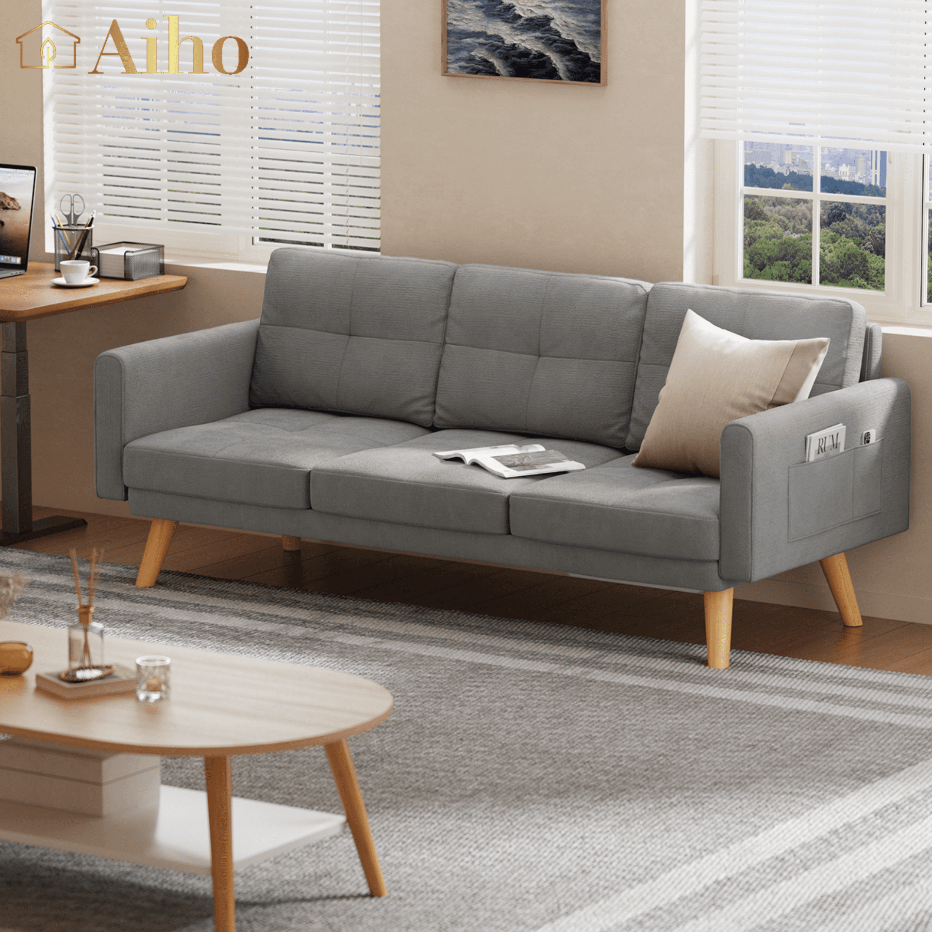 Aiho 68 "L Sofa, Futon Sofa Bed with Soft Armrest and 3 Comfortable Pillows Light Gray