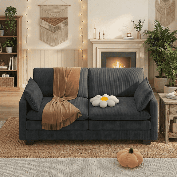 Soft Cloud 2-Seater Loveseat Sofa, Pet-Friendly Corduroy Couch with Double Layer Cushions, Comfy Upholstered Sofa for Bedroom, Living Room and Small Apartment, Black