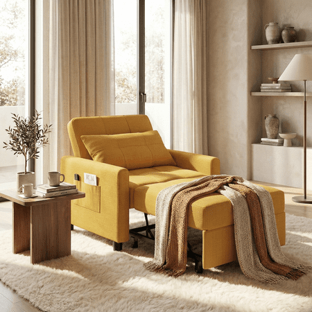 Adjustable Backrest Convertible Sofa Bed, 3-in-1 Linen Reclining Sleeper Chair, Multifunctional Couch for Living Room Bedroom Small Space, Yellow