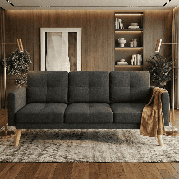 Aiho 69" Sofa Couch for Living Room | 3-Seater with Padded Arms, Solid Wood Legs, Easy Setup |Dark Gray