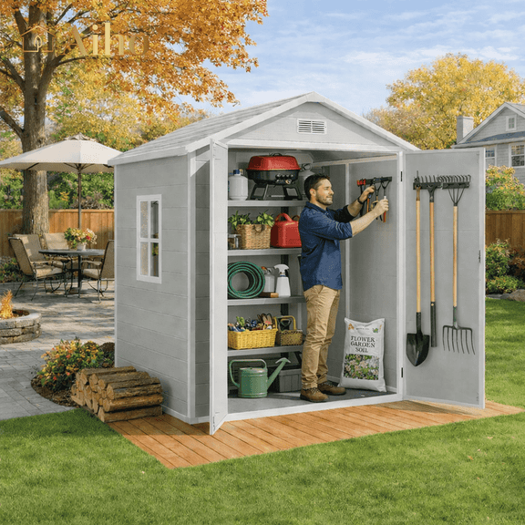Aiho Outdoor Storage Shed with Floor, All Weather Colorfast 6 x 4.4 Ft Plastic Garden Shed with Lockable Doors, Resin Storage Shed for Yard, Garden, Gray