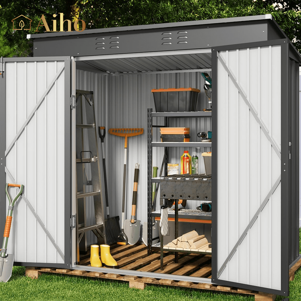 Gray Galvanized Steel Garden Shed with Sloping Roof & Lockable Door