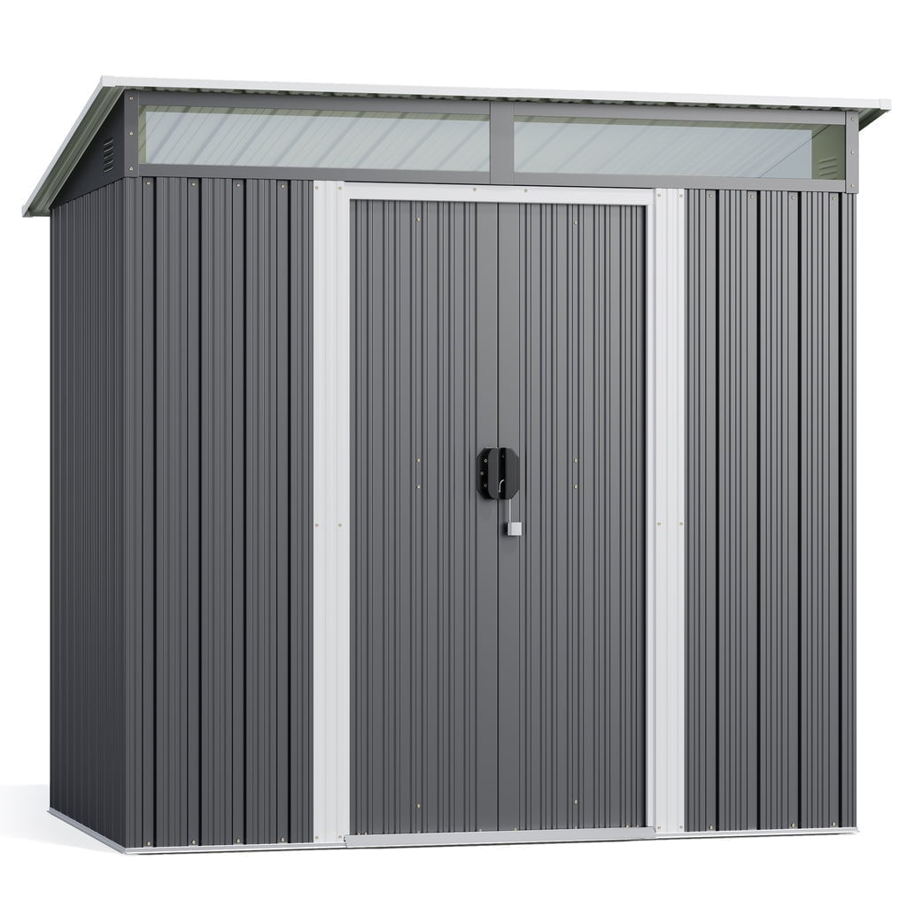 Gray Galvanized Steel Garden Shed with Sloping Roof & Lockable Door