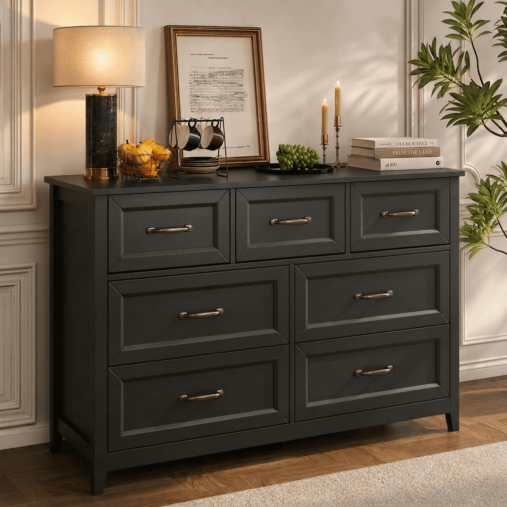 Aiho 7-Drawer Double Dresser - Modern Wood Chest with Anti-Tip Safety, Cutout Handles & Smooth Gliding Drawers, Black