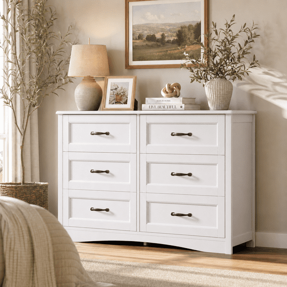 Aiho 6-Drawer Double Dresser - Modern Wood Chest with Anti-Tip Safety, Cutout Handles & Smooth Gliding Drawers | Nursery, Kids & Bedroom Storage - White