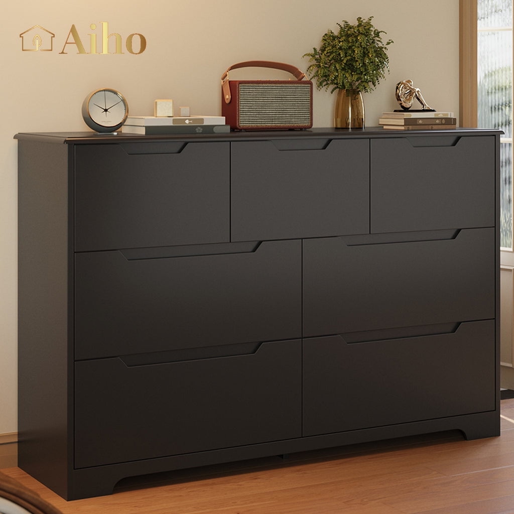 Aiho 7 Drawer Dresser, Wide Chest of Drawers Nightstand Storage Tower Storage Wooden Dresser for Living Room, Bedroom, Hallway - Black