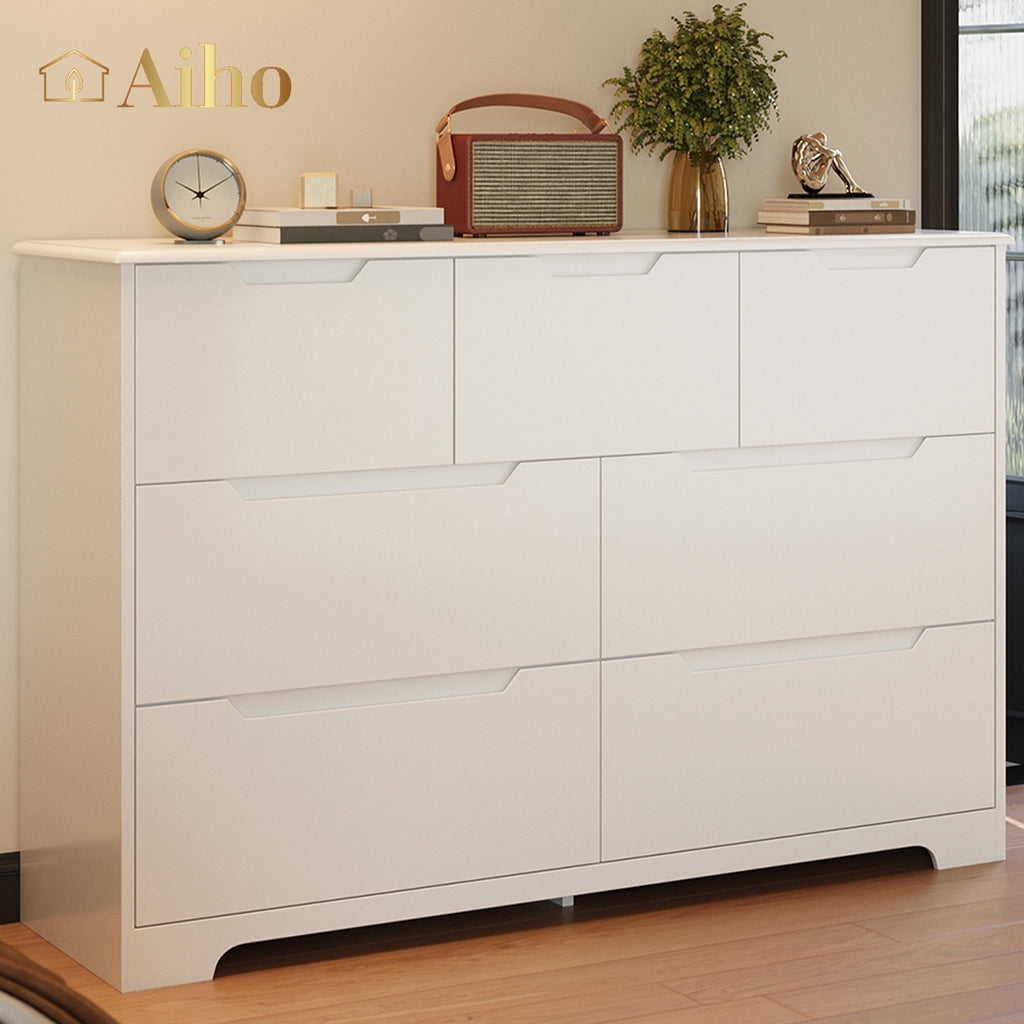 Aiho 7 Drawer Dresser, Wide Chest of Drawers Nightstand Storage Tower Storage Wooden Dresser for Living Room, Bedroom, Hallway - White