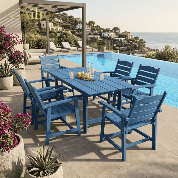 Aiho 7-Piece Outdoor Dining Set, All-Weather HDPE Patio Table and Chairs with Umbrella Hole, 6-Seater Garden Furniture for Backyard, Poolside, Deck - Blue