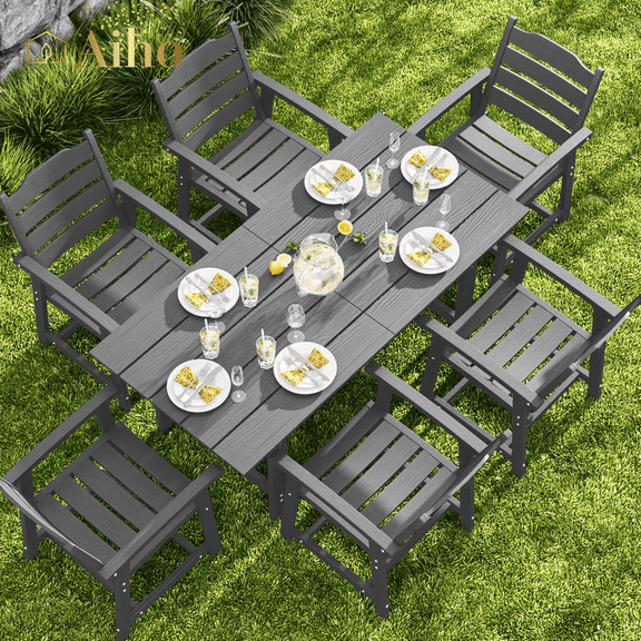 Aiho 7-Piece HIPS Patio Furniture Set with Umbrella Hole, Outdoor Dining Set for 7, Patio Table and Chairs set for Patio, Lawn, Backyard, Garden, Poolside - Gray