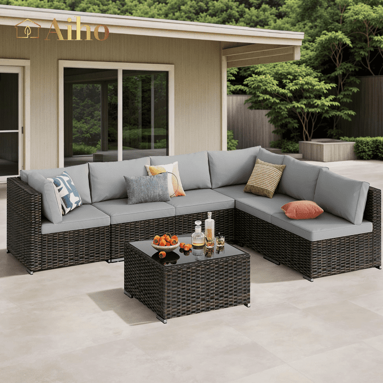 Aiho Pieces Outdoor Sectional Sofa with Soft Cushions Coffee