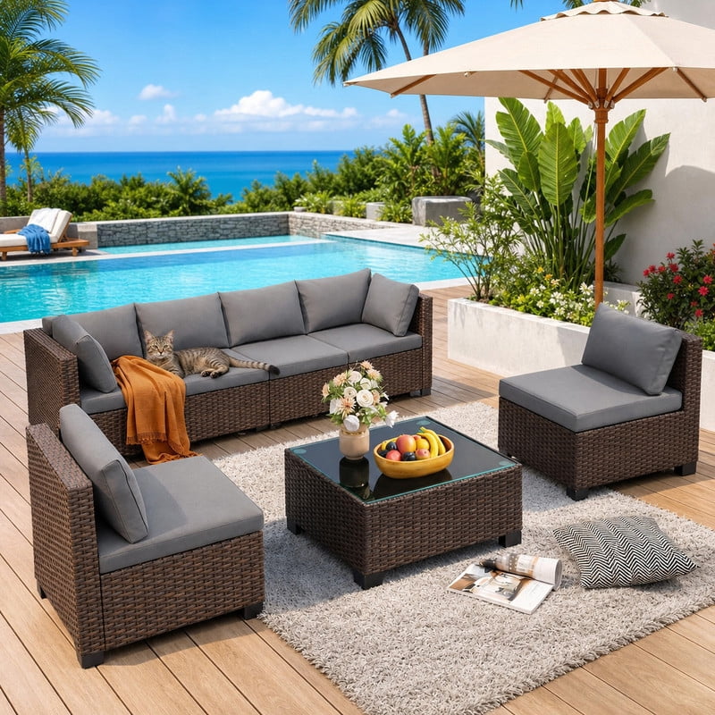 7-Piece Outdoor Sectional Sofa Set, PE Rattan Patio Conversation Set with Coffee Table, All-Weather Modular Couch with Removable Cushions for Garden, Gray