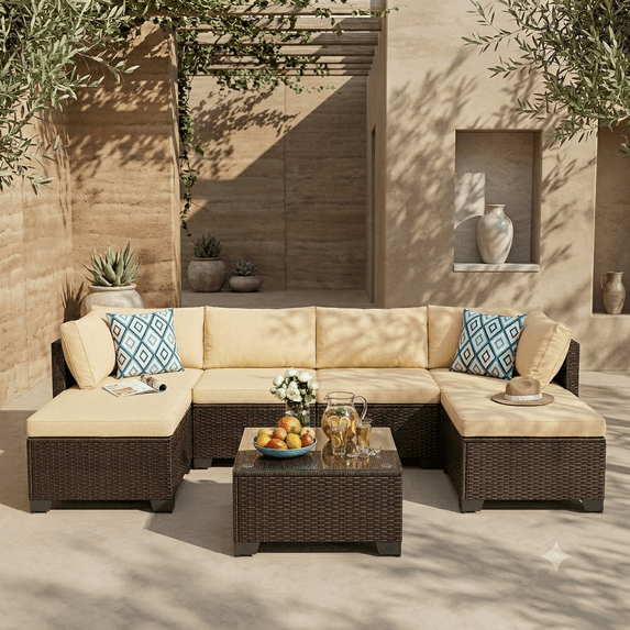 Outdoor Patio Sectional Conversation Set w/ Coffee Table, Waterproof Cushions, All-Weather PE Wicker, Handwoven Rattan, 7 Pcs Furniture Set for Garden Backyard Balcony Poolside, Easy Assembly, Beige