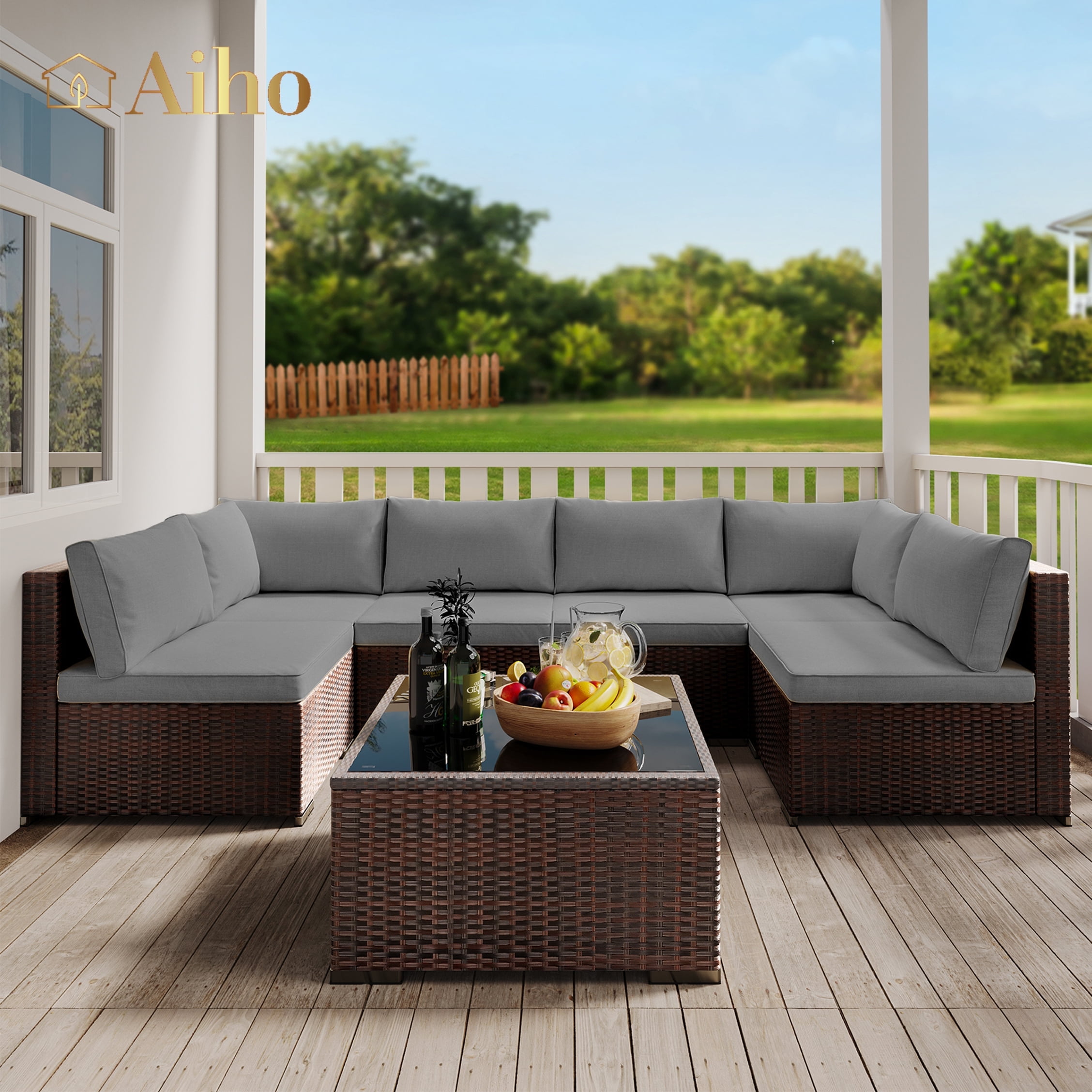 All-Weather 7 Piece Patio Furniture Set, Rattan Wicker Outdoor Conversation Sectional Sofa Set with Glass Table, Gray