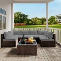 Aiho 7 Piece Outdoor Patio Furniture Set, Rattan Wicker Outdoor Conversation Sectional Sofa Set, Gray